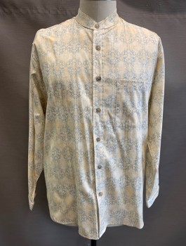 Mens, Casual Shirt, WAH MAKER, Cream, Lt Blue, Cotton, Swirl , XL, Band Collar, L/S, Button Front, 1 Patch Pocket, Old West Inspired