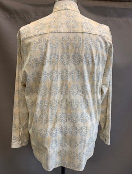 Mens, Casual Shirt, WAH MAKER, Cream, Lt Blue, Cotton, Swirl , XL, Band Collar, L/S, Button Front, 1 Patch Pocket, Old West Inspired