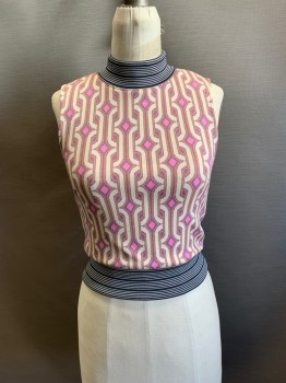 Womens, Top, H&M, Pink, Cream, Multi-color, Polyester, Elastane, Geometric, Stripes, 4, Mock Neck, Slvls, Purple, Mustard Details In Geo Pattern, Navy And White Stripes At Neck And Hem,