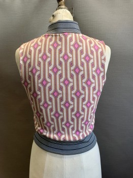 Womens, Top, H&M, Pink, Cream, Multi-color, Polyester, Elastane, Geometric, Stripes, 4, Mock Neck, Slvls, Purple, Mustard Details In Geo Pattern, Navy And White Stripes At Neck And Hem,