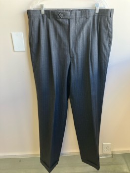 BURBERRY, Charcoal Gray, Wool, Stripes - Pin, Dbl Pleats, Zip Front, 4 Pckts, Belt Loops, Cuffs