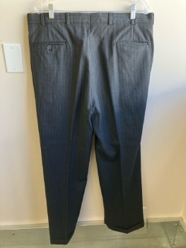 BURBERRY, Charcoal Gray, Wool, Stripes - Pin, Dbl Pleats, Zip Front, 4 Pckts, Belt Loops, Cuffs