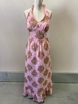 NO LABEL, Pink, Blush Pink, Green, Polyester, Floral, Squares, Halter Top, Neck Tie, Back Zipper, Pleated Bottom,