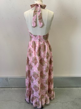 NO LABEL, Pink, Blush Pink, Green, Polyester, Floral, Squares, Halter Top, Neck Tie, Back Zipper, Pleated Bottom,