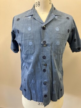 Mens, Shirt, DATTEL'S, 15.5, 15, Dusty Blue with 2 Tone Blue Embroidered Crown Design, C.A., S/S, B.F., 2 Pckts,