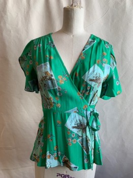 Womens, Top, MEADOW RUE, Green, White Gold, Brown, Viscose, Novelty Pattern, 0, Bird/Floral/Postcard Print, Wrap Shirt, Gathered at Shoulders, Peplum, Wrap Flutter Short Sleeves, Tie Front