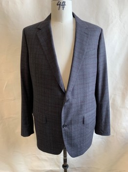 Mens, Sportcoat/Blazer, BONOBOS, Dk Gray, Red Burgundy, Wool, Plaid, 48L, Notched Lapel, Single Breasted, Button Front, 2 Buttons, 3 Pockets