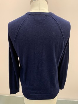 Mens, Pullover Sweater, BANANA REPUBLIC, Navy Blue, Wool, Solid, L, CN, L/S, Rib Knit Collar, Cuffs And Waistband
