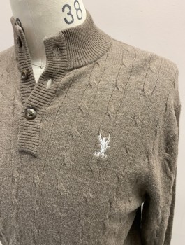 Mens, Pullover Sweater, PETER MILLAR, Lt Brown, Wool, Heathered, M, Polo, Mock Neck, 3 Buttons, Cable Knit, Embroidery Logo On Chest And Back, Rib Knit Collar And Cuffs