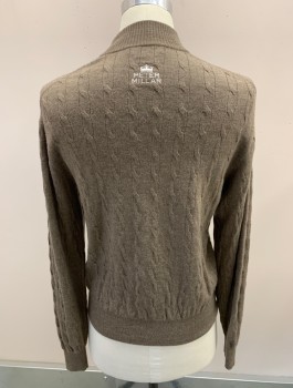 Mens, Pullover Sweater, PETER MILLAR, Lt Brown, Wool, Heathered, M, Polo, Mock Neck, 3 Buttons, Cable Knit, Embroidery Logo On Chest And Back, Rib Knit Collar And Cuffs
