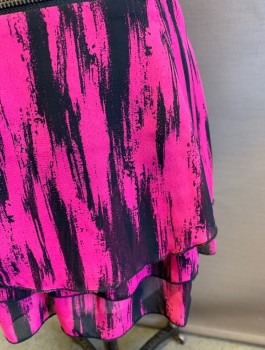 Womens, Skirt, Mini, MATERIAL GIRL, Magenta Pink, Black, Polyester, Abstract , M, Streaked Pattern, Chiffon, 3 Tiers/Layers, 2 Pockets With Exposed Zippers At Hips