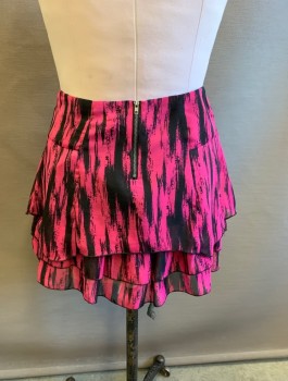 Womens, Skirt, Mini, MATERIAL GIRL, Magenta Pink, Black, Polyester, Abstract , M, Streaked Pattern, Chiffon, 3 Tiers/Layers, 2 Pockets With Exposed Zippers At Hips