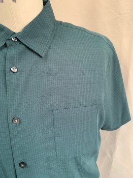 VAN HEUSEN, Sage Green, Rayon, Polyester, Plaid-  Windowpane, S/S, Button Front, Chest Pocket, Black Plastic Buttons