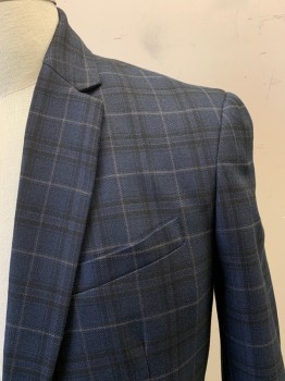 Mens, Suit, Jacket, NEW LOOK, Navy Blue, Black, Polyester, Viscose, Plaid, 40R, Single Breasted, 2 Buttons, Notched Lapel, 3 Pockets,