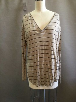 Womens, Top, MADEWELL, Taupe, Dk Brown, Off White, Viscose, Stripes, XS, Jersey Knit, Deep V Neck, Long Sleeves,
