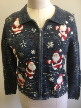 Womens, Sweater, N/L, Navy Blue, Red, White, Gold, Silver, Cotton, Holiday, Novelty Pattern, B:36, Navy and Dark Blue Specked Knit, with Red and White Novelty Santa Appliques, Gold, Silver and White Iridescent Embroidery, Beaded Detail Throughout, Long Sleeves, Zip Front, Collar Attached