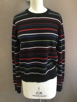 Womens, Pullover, EQUIPMENT, Black, Red, Blue, Pink, Lime Green, Cashmere, Stripes, S, Black with Multi-color Stripes, Long Sleeves, Ribbed Knit Crew Neck/Cuff/Waistband