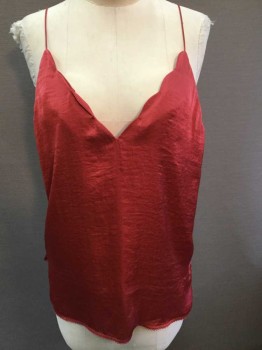 FREE PEOPLE, Coral Pink, Polyester, Solid, Satin, Spaghetti Strap with Scallopped Edge At V Neck, Double Straps In Back