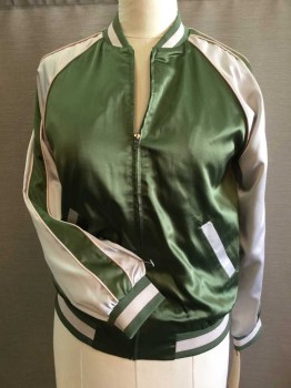Womens, Casual Jacket, FOREVER 21, Olive Green, Lt Gray, Pink, Brown, Gold, Polyester, Solid, M, JACKET:  Dark Olive, Gray Long Sleeves W/olive Stripes & Pink Piping Trim, Olive W/lt Gray & Thin Iridescent Pink Stripes Collar Attached, Hem and Cuffs, Zip Front, 2 Hidden Slant,PocketsW/gray , 2 Brown,pink,white Gold Emb. Crane Detail Work In The Back " Fly Away"