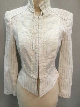 Womens, Blazer, N/L, White, Charcoal Gray, Cotton, Polyester, Stripes - Pin, Solid, B:32, White with Charcoal Pinstripes, Long Sleeves, Solid White Cotton Batiste Panel At Center Front, with Horizontal Pleats, Hook & Eye Closures, and Stand Collar with Pleated Ruffles, 6 White and Bronze Ornate Buttons At Cuffs, Is A Zara Blazer But Label Covered with Barcode