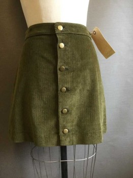 Womens, Skirt, Mini, AMERICAN APPAREL, Olive Green, Cotton, Solid, M, Button Front, A-line, Wide Wale Corduroy