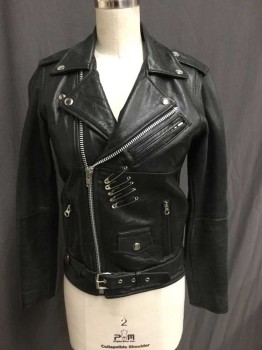 Womens, Leather Jacket, PELE CHE COCO, Black, Leather, Solid, XS, Motorcycle Style, Zip Front, Multi Pocket, Belted Waist, Safety Pin Detail