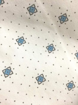 BRIGGS, White, Charcoal Gray, Blue, Cotton, Polyester, Dots, Geometric, White with Charcoal Dots, Charcoal and Blue Square/Geometric Shapes, White Twill Edging, Short Sleeves, Open in Back with Self Ties at Center Back Neck