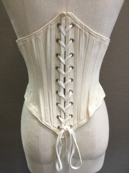 PERIOD CORSETS, Cream, White, Cotton, Solid, Cream with Silver Metal Hook Button Front with Cream Tie & White String Lacing Back,