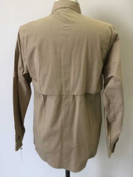 511, Khaki Brown, Cotton, Solid, Heavy Duty Cotton, Button Front, Collar Attached, Long Sleeves, Velcro Close Flap Pleat Pockets, Extra Loops and Pen Pocket On Sleeve, Vented Back Yoke