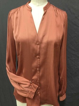 Womens, Blouse, H & M, Terracotta Brown, Polyester, Solid, 6, Terracotta, Round V-neck Trim and Long Sleeves Cuffs W/fagoting Stitches, Gathered Yoke@ Shoulder, Button Front, Side Split Hem