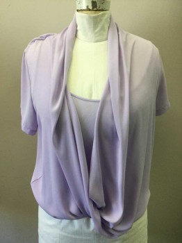 Womens, Top, NYDJ, Lavender Purple, Polyester, Solid, XL, Short Sleeve Crepe Overlayer with Surplice Wrapped Front, Stretchy/Shapewear Tank Underneath, Attached at Shoulders