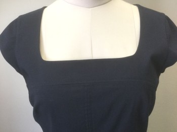 Womens, Dress, Short Sleeve, TORY BURCH, Navy Blue, Cotton, Polyester, Solid, 12, Solid Navy, Cap Sleeve, Low Square Neck, Pencil Fit, 2 Side Pockets, Various Panels/Seams Throughout, Invisible Zipper at Center Back