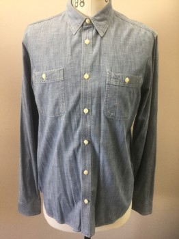 GAP, Denim Blue, Cotton, Solid, Light Dusty Blue Chambray, Long Sleeve Button Front, Collar Attached, 2 Pockets with Button Closures