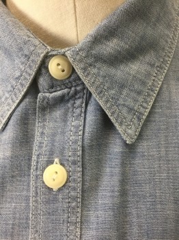 GAP, Denim Blue, Cotton, Solid, Light Dusty Blue Chambray, Long Sleeve Button Front, Collar Attached, 2 Pockets with Button Closures