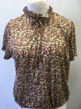 N/L, Brown, Beige, Orange, Peach Orange, Polyester, Floral, Round Neck with Small Ruffles & Self Thin Tie at Neck Center Front, Short Sleeves, Elastic Hem, Zip Back,