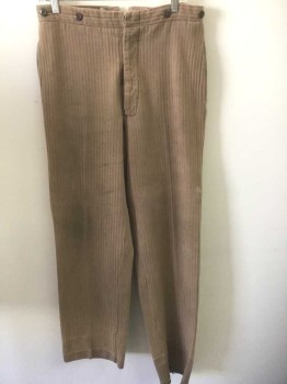 Mens, Historical Fiction Pants, N/L, Lt Brown, Cotton, Stripes, Herringbone, Ins:31, W:31, Self Raised Stripe Texture/Herringbone, Button Fly, Brown Suspender Buttons at Outside Waist, 2 Side Seam Pockets, Made To Order Reproduction, 1800's