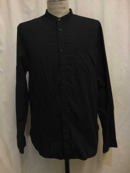 Mens, Casual Shirt, H&M, Black, Cotton, Solid, 34, 17.5, Black, Button Front, Collar Band, Long Sleeves, 1 Pocket,