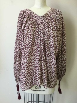 THE GREAT, Red Burgundy, Ivory White, Cotton, Floral, Burgundy, Ivory Floral Print, Gathered V-neck, Long Sleeves with Self Tie Cuff