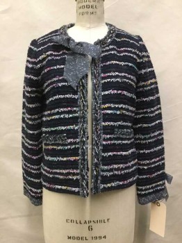 Womens, Blazer, JCREW, Navy Blue, Multi-color, Cotton, Synthetic, Stripes, 2, Blue with Multi Color Fringe Stripes, Navy/white Ribbon Trim with Bow Detail