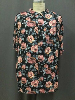 UBRAN OUTFITTERS, Black, Dusty Rose Pink, Mauve Pink, Gray, Brown, Rayon, Floral, Black, Dusty Rose/ Mauve Pink/ Gray/ Brown Floral Print, Button Front, Collar Attached, Short Sleeve, Double,