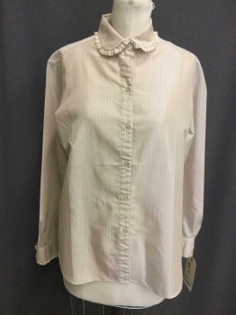 LADY MANHATTAN, Beige, Lt Brown, Dk Brown, Cream, Cotton, Polyester, Stripes, Beige with Lt Brown/ Dk Brown Stripes, Button Front, Rounded Collar Attached with Cream Lace Trim