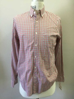 Mens, Casual Shirt, J CREW, Red, White, Gray, Cotton, Check , 15, S, 33, Button Front, Button Down Collar, Long Sleeves, 1 Pocket