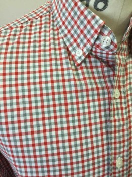 Mens, Casual Shirt, J CREW, Red, White, Gray, Cotton, Check , 15, S, 33, Button Front, Button Down Collar, Long Sleeves, 1 Pocket
