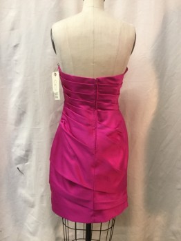 Womens, Cocktail Dress, DAVID'S BRIDAL, Fuchsia Pink, Polyester, Solid, 8, Sleeveless, Back Zipper, Asymmetrical Horizontal Pleating, Mini, Boning