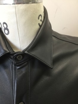 N/L, Black, Leather, Solid, Long Sleeve Button Front, Collar Attached, No Pockets