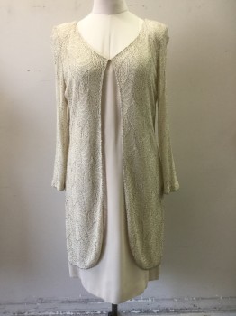 Womens, Cocktail Dress, CAMERON BLAKE, Cream, Gold, Silver, Polyester, Solid, B 44, 16, Crepe, Slvls with Attached L/S OverDress/Cardigan, Crochet with Gold Sparkles and Silver Beading, Open Front, Attached at Neck, Zip Back