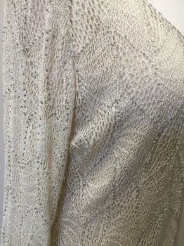Womens, Cocktail Dress, CAMERON BLAKE, Cream, Gold, Silver, Polyester, Solid, B 44, 16, Crepe, Slvls with Attached L/S OverDress/Cardigan, Crochet with Gold Sparkles and Silver Beading, Open Front, Attached at Neck, Zip Back