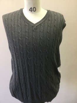CLUB ROOM, Heather Gray, Cotton, Cable Knit, V-neck, Pull Over