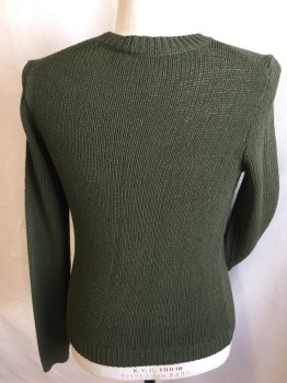 Mens, Pullover Sweater, THEORY, Olive Green, Wool, Solid, S, Ribbed Crew Neck, Long Sleeves Cuffs & Hem