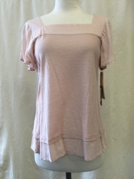 VINCE CAMUTO, Blush Pink, Cotton, Modal, Solid, Square Neck, Short Sleeves,